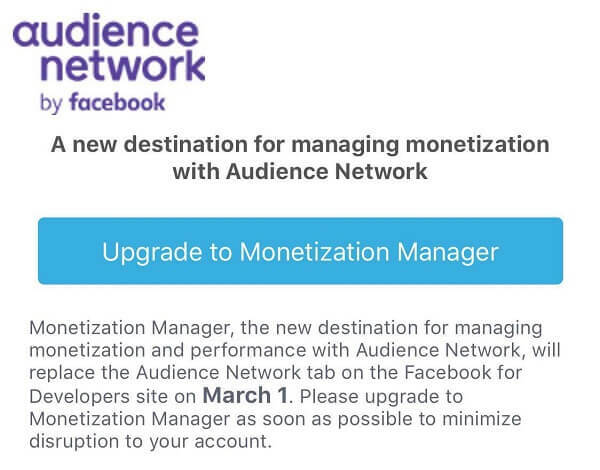 Od 1. března nahradí Facebook Monetization Manager kartu Audience Network na webu Facebook pro vývojáře.