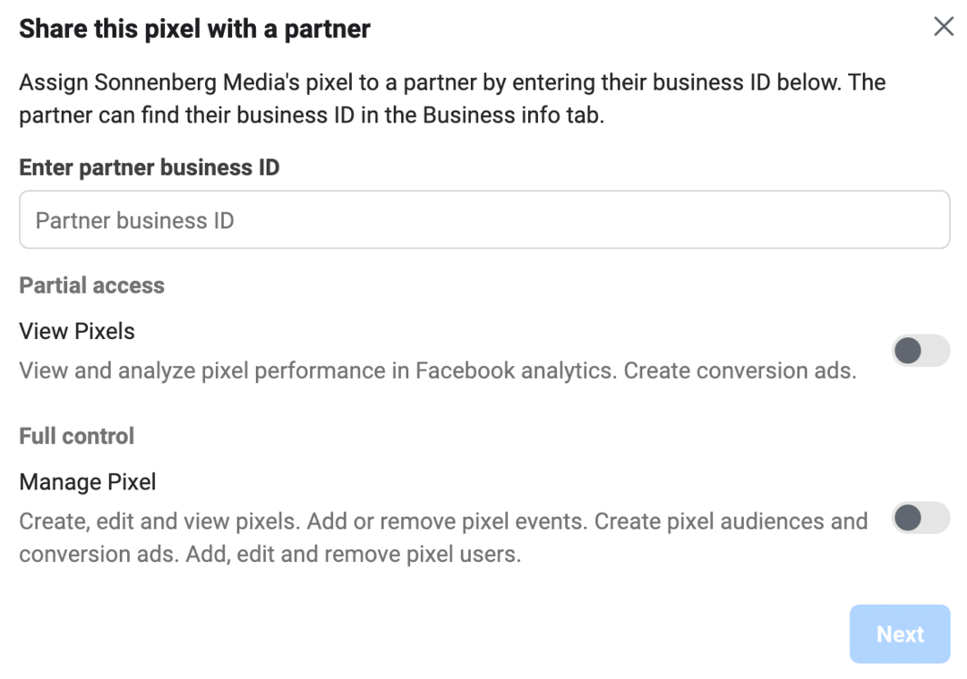 obrázek obrazovky Share This Pixel With Partner v Meta Business Manageru
