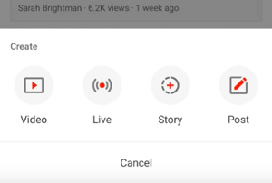 Tlačítko Vytvořit příběh na YouTube.