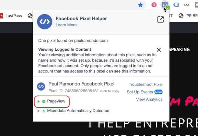 Facebook Pixel Helper zobrazující událost Zobrazení stránky