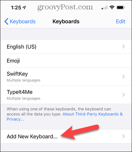 V nastavení iPhone klepněte na Přidat novou klávesnici
