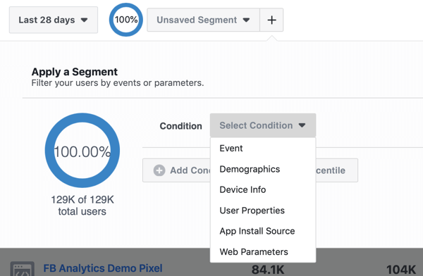 Možnosti podmínek pro vaše segmenty ve skupinách zdrojů událostí služby Facebook Analytics.