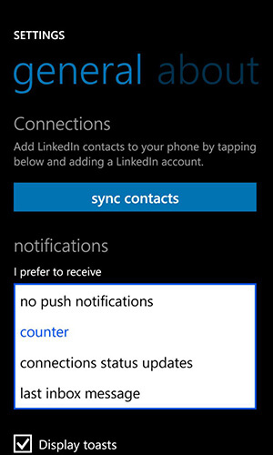 propojeno v aplikaci pro možnosti oznámení Windows Phone