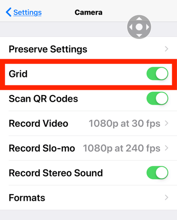 Jak vylepšit své fotografie na instagramu, krok 2a, zapněte nastavení čar mřížky fotoaparátu