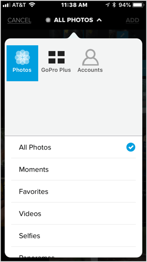 Klepněte na ikonu + a vyberte video nebo pět nebo více obrázků, které chcete importovat do Quik.