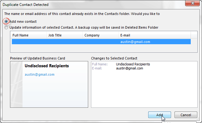 Nastavit aplikaci Outlook tak, aby se odeslala e-mailům nezveřejněným příjemcům