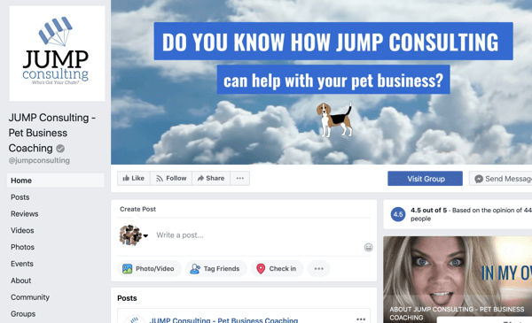 Jak používat funkce skupin na Facebooku, příklad stránky na Facebooku pro JUMP Consulting
