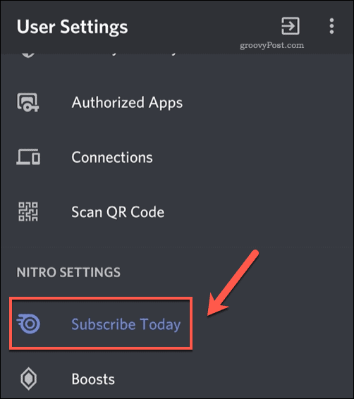 Možnost nabídky Discord Mobile Nitro Subscription