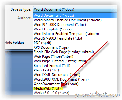 Uložte textový dokument jako text ve formátu MediaWiki