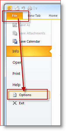 Soubor aplikace Outlook 2010, nabídka možností