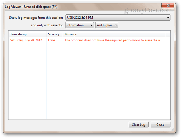Program nemá potřebná oprávnění k vymazání nevyužitého místa na disku