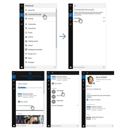 Linkedin integrace Microsoft Cortana