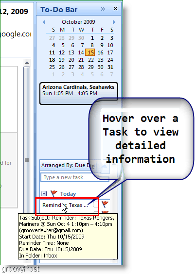 Panel úkolů aplikace Outlook 2007 - Umístěním kurzoru nad položku zobrazíte další podrobnosti