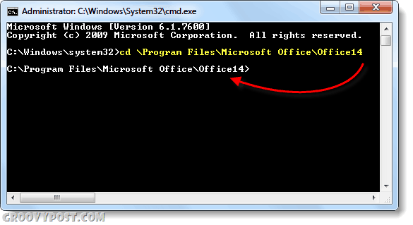 přejděte cmd do složky Office 14 2010 v systému Windows 7