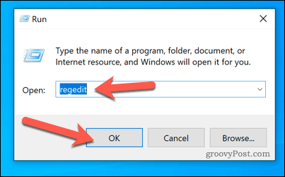 Spuštění Regedit pomocí Spustit ve Windows 10