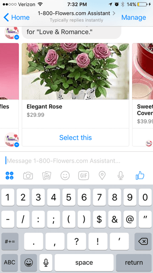 Zákazníci mohou snadno procházet a vybírat produkty z chatbotu 1-800-Flowers.