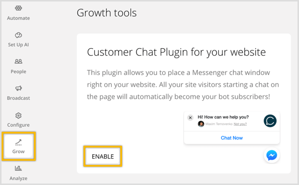 ChatFuel povolit plugin pro chatování zákazníků