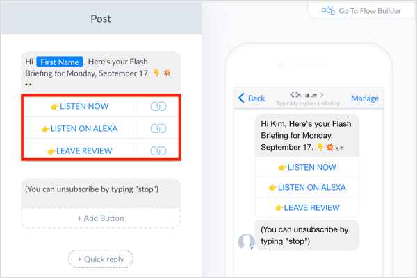 Vytvořte zprávu v ManyChat a přidejte tlačítka.
