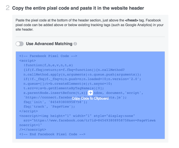Zkopírujte pixelový kód Facebook a nainstalujte jej na svůj web.