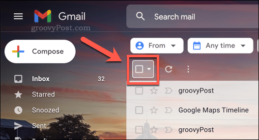 Ikona zaškrtávacího políčka pro výběr e-mailů v Gmailu
