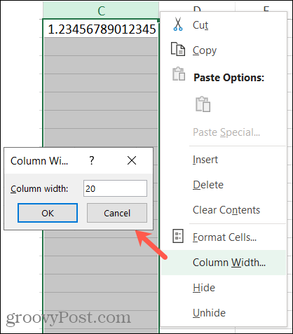 Zvyšte šířku sloupce v aplikaci Excel