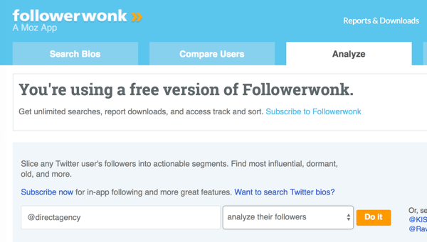 Vyberte účet Twitter, který chcete analyzovat pomocí služby Followerwonk.