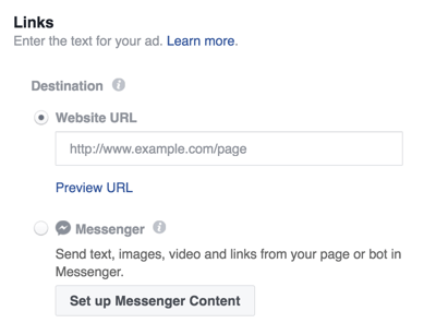 Vyberte cíl pro vaši reklamu na Facebook Messenger.