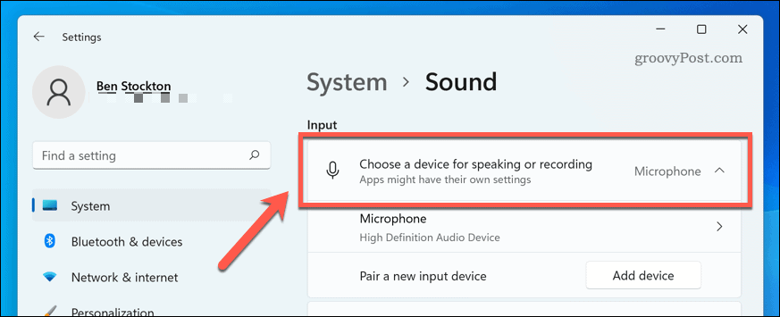 Výběr vstupního zvukového zařízení v systému Windows 11