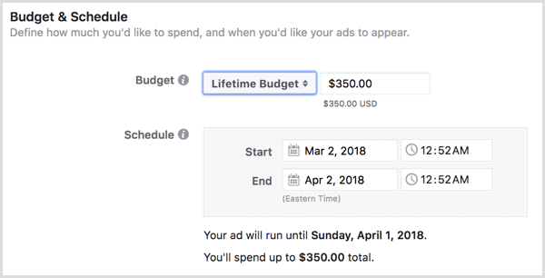 Vyberte celoživotní rozpočet reklam.
