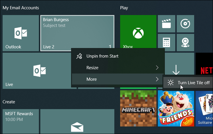 Uspořádat živé poštovní dlaždice Windows 10 Start