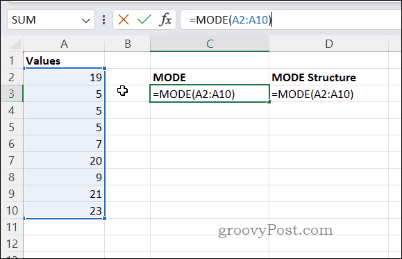 Příklad vzorce MODE v Excelu