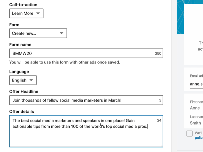 snímek obrazovky polí formuláře pro olovo LinkedIn vybraných pro reklamu LinkedIn