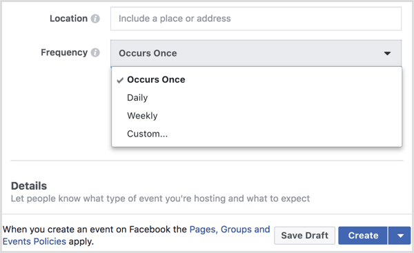 vyberte interval z nabídky Frekvence a vytvořte opakující se událost na stránce Facebook