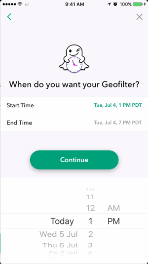 Vyberte datum a čas, aby byl váš geofiltr Snapchat aktivní.