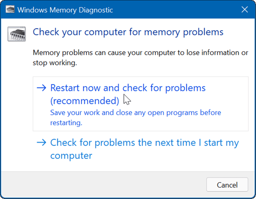restartujte diagnostiku paměti systému Windows a zkontrolujte