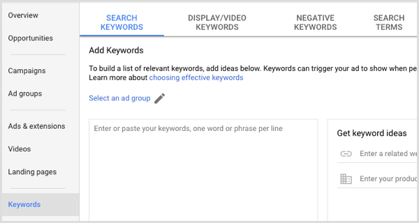 Google Adwords přidává klíčová slova do reklamní sestavy