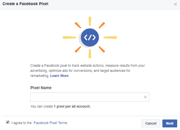Přidejte název svého pixelu na Facebooku.