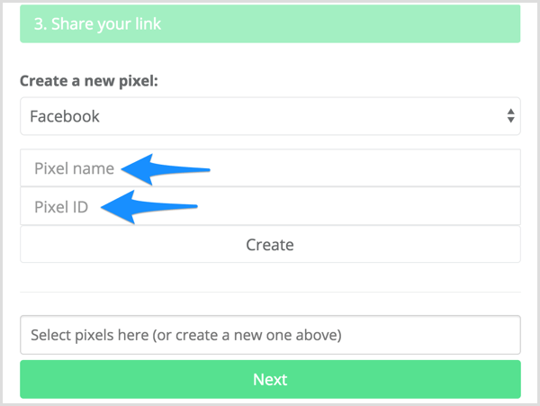 Zadejte název pixelu a ID pixelu v Meteor.link.