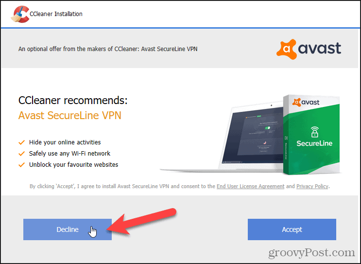 Odmítnout Avast VPN v CCleaner