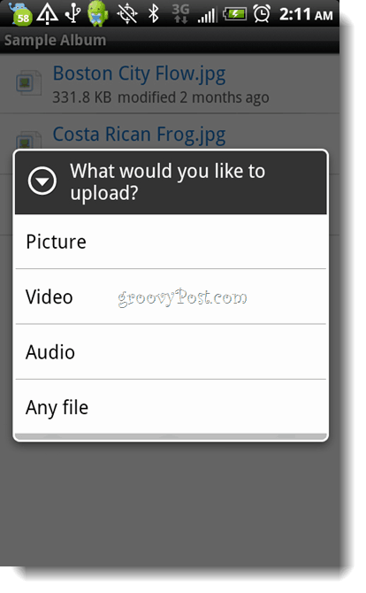 Nabídka pro upload Dropbox pro Android