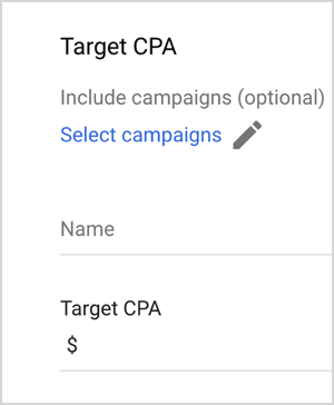 Toto je snímek obrazovky s možnostmi cílové CPA Google Ads. Jedná se o možnosti Zahrnout kampaně (volitelné), Vybrat kampaně, Název, Cílová CPA (s textovým polem pro zadání hodnoty). Mike Rhodes říká, že možnosti chytrých nabídek Google Ads, jako je cílová CPA, používají ke správě nabídek umělou inteligenci.