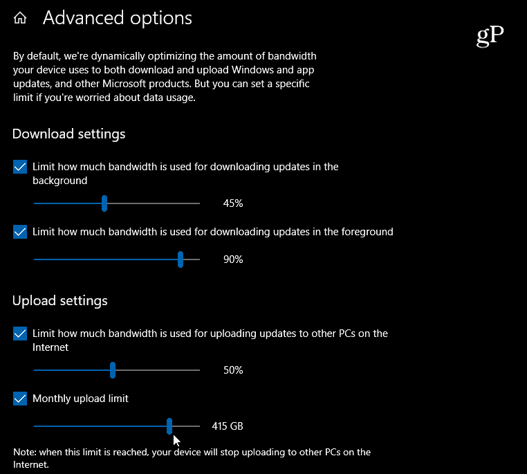 Windows 10 Nastavení stahování a odesílání nastavení šířky pásma