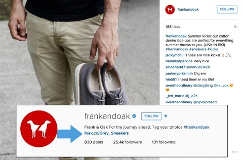 Frank a Oak příklad přidání odkazů na vaše Instagram bio
