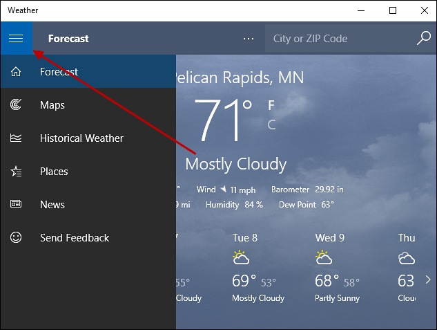 menu hamburger Windows 10 Počasí