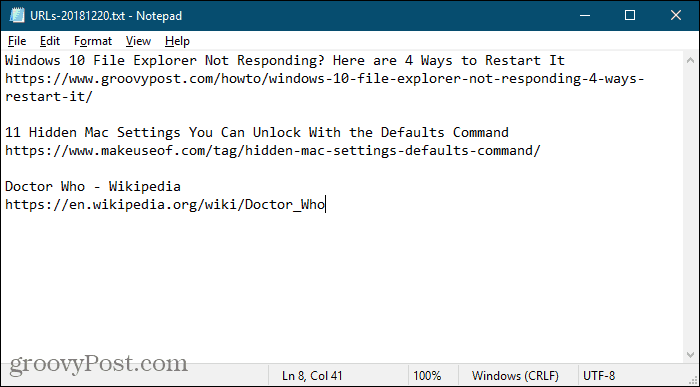 Tab URL z rozšíření TabCopy uložené v programu Poznámkový blok