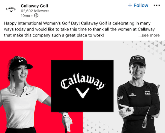Callaway Golf příspěvek na LinkedIn na Mezinárodní den žen