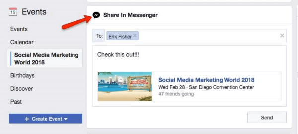 Facebook vyzve uživatele, aby sdíleli událost objevenou na Facebooku s ostatními uživateli Messengeru.