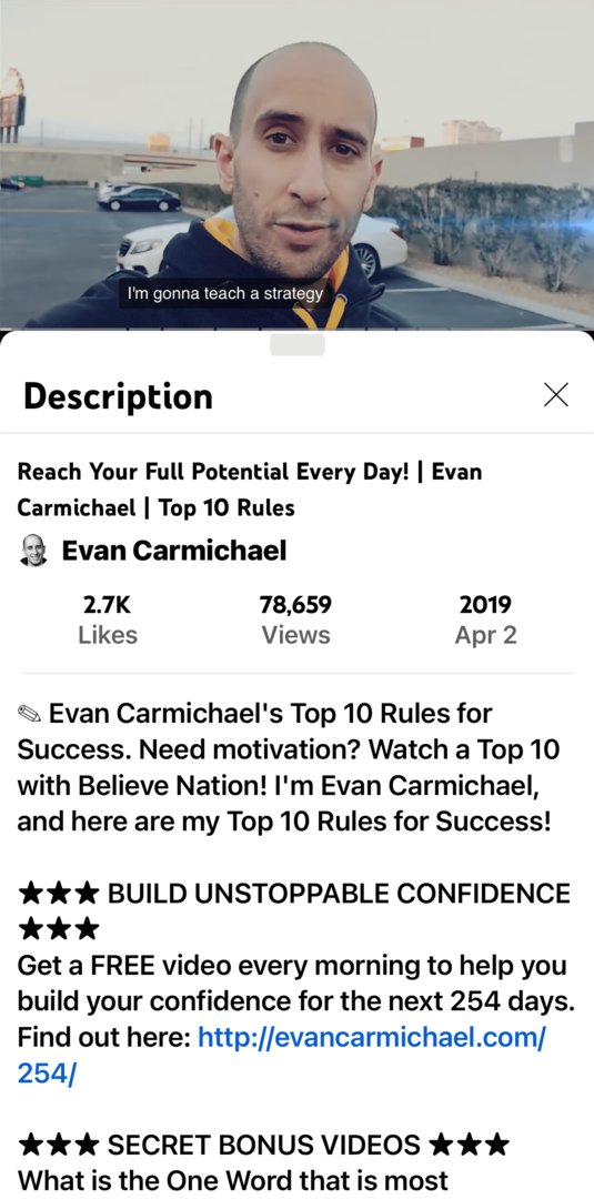 obrázek videa Evan Carmichael YouTube a popis v mobilní aplikaci