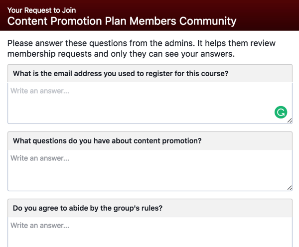 Požádejte potenciální členy skupiny Facebook, aby odpověděli na kvalifikační otázky.