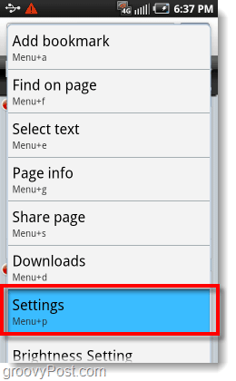 v prohlížeči Android otevřete nabídku nastavení